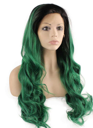 Long Wavy Black Green Two Tone Lace Front Ombre Wig