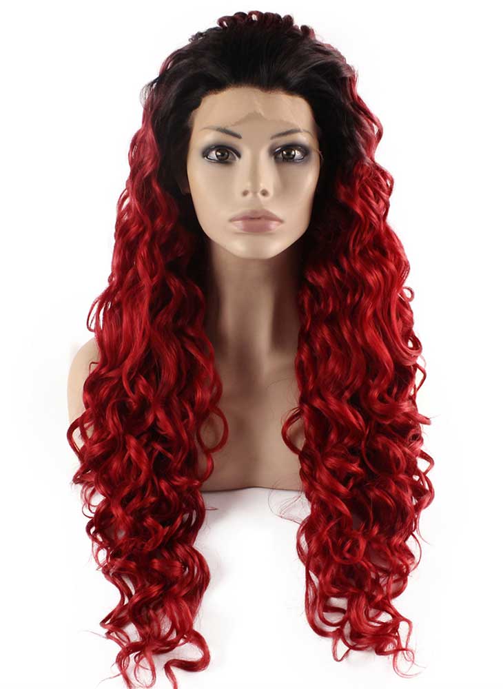 Ombre Black Red Long Curly Wig (26in)