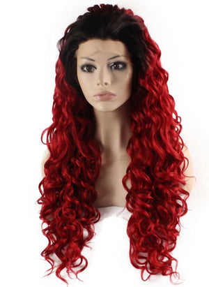 Ombre Black Red Long Curly Wig (26in)