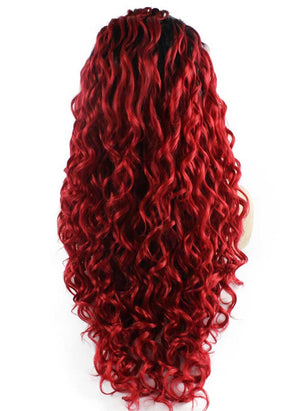 Ombre Black Red Long Curly Wig (26in)