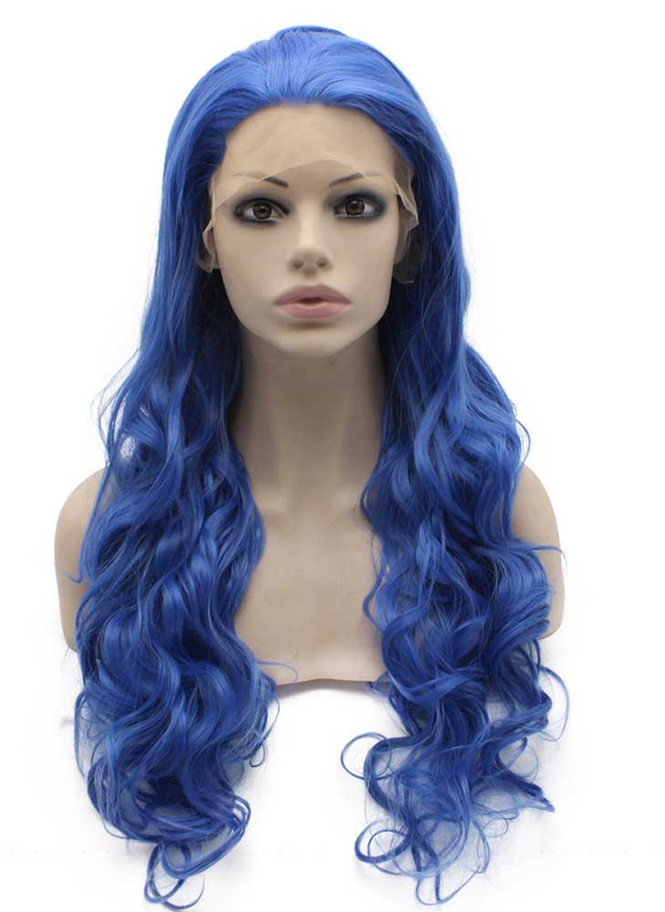 Long Wavy Hand Tied Lace Front Cosplay Party Blue Wig