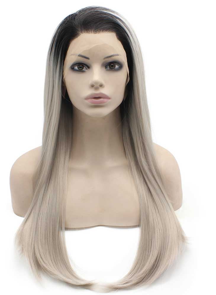 Long Straight Ombre Black Gray Blonde Two Tone Lace Front Wig