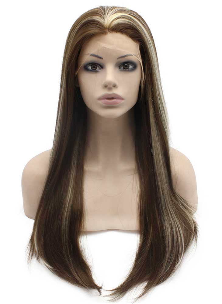 Long Straight Brown Highlight Natural Hand Tied Lace Front Wig