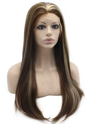 Long Straight Brown Highlight Natural Hand Tied Lace Front Wig