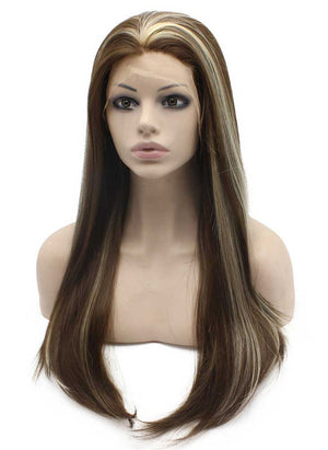 Long Straight Brown Highlight Natural Hand Tied Lace Front Wig