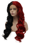 Long Wavy Half Red Black Two Tone Synthetic Lace Front Party Wig