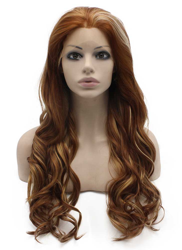 Long Wavy Blonde Highlight Auburn Synthetic Lace Front Wig Natural