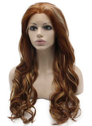 Long Wavy Blonde Highlight Auburn Synthetic Lace Front Wig Natural