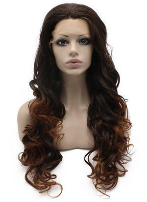 Long Wavy Auburn Tip Brown Natural Lace Front Ombre Wig