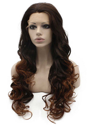 Long Wavy Auburn Tip Brown Natural Lace Front Ombre Wig