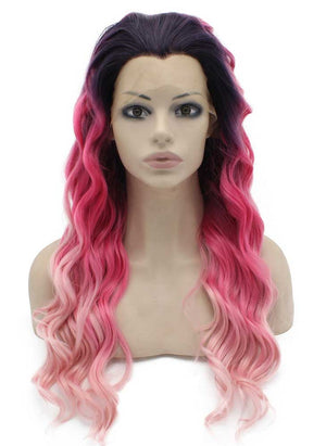 Long Wavy Lace Front Two Tone Pink Cosplay Party Wig