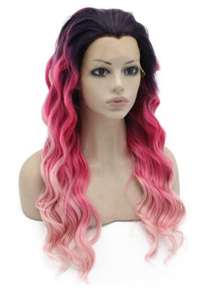 Long Wavy Lace Front Two Tone Pink Cosplay Party Wig