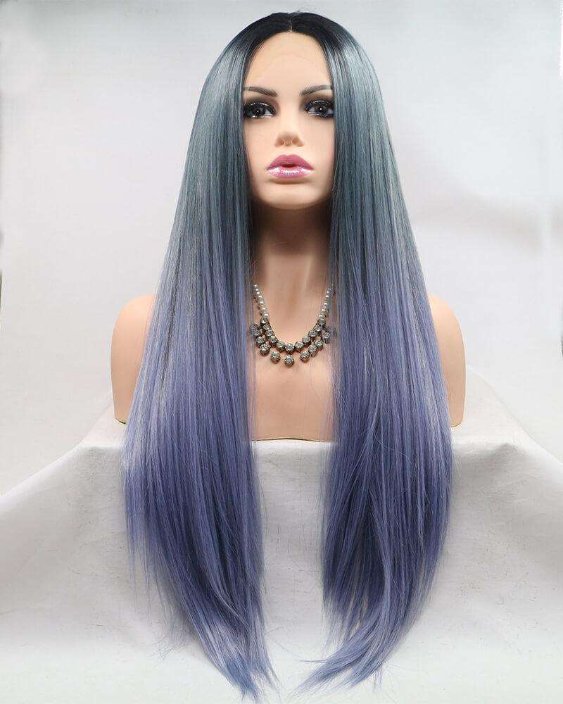 Straight Long Ombre Blue Synthetic Lace Front Wig