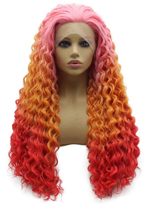 Colorful Pink Red Ombre Long Curly Wig (26in)