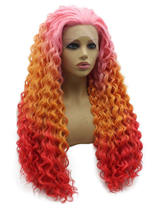 Colorful Pink Red Ombre Long Curly Wig (26in)