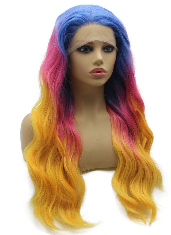 Wavy Ombre Blue Pink Yellow Three Tone Synthetic Wig