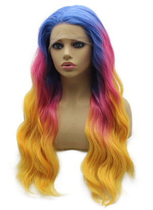 Wavy Ombre Blue Pink Yellow Three Tone Synthetic Wig