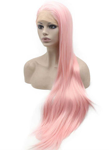 NEW TAG ! Wig Long 12 Inch Straight Shinning Light Pink Long Straight Pink Lace Front Synthetic High Temperature  main image 2