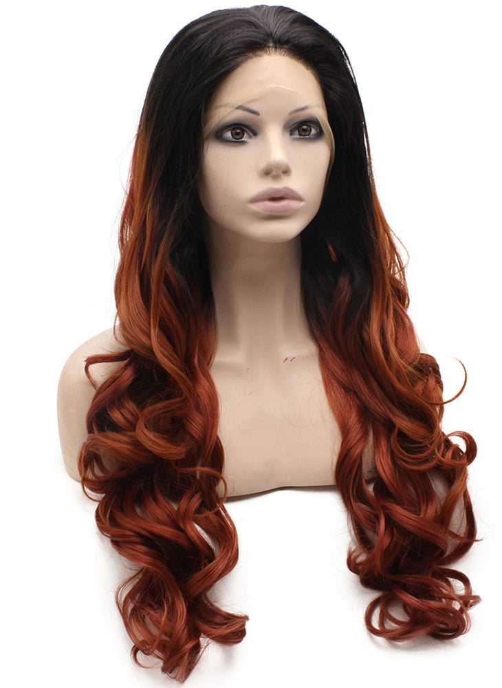 Dark Root Burgundy Long Wavy Synthetic Lace Front Wig