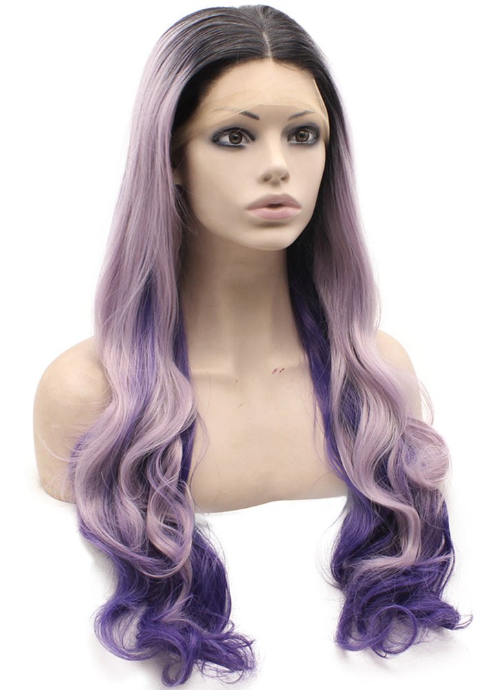 Long Wavy Dark Root Purple Synthetic Lace Front Ombre Wig