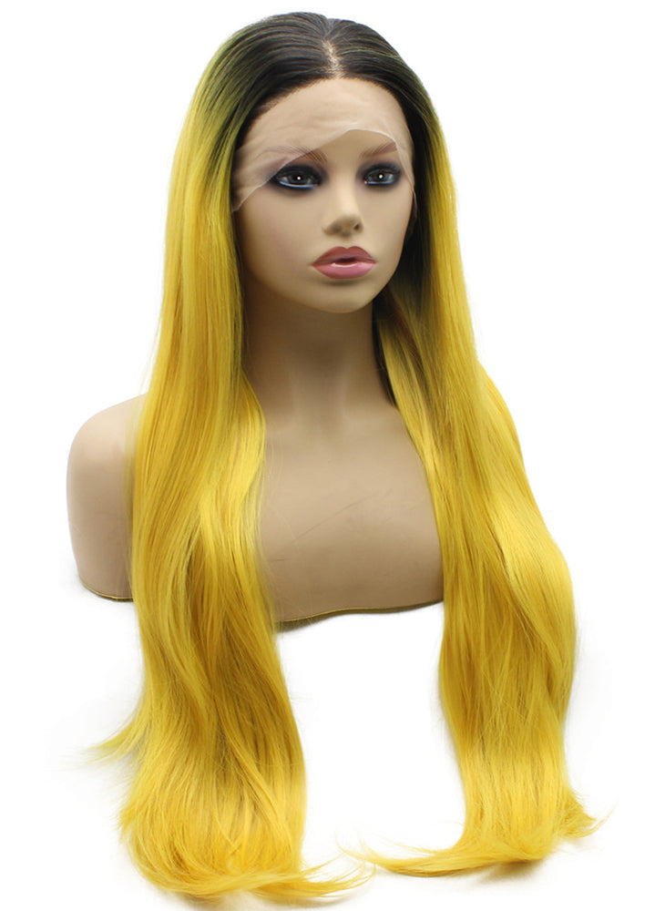 Long Straight Dark Root Synthetic Lace Front Yellow Wig