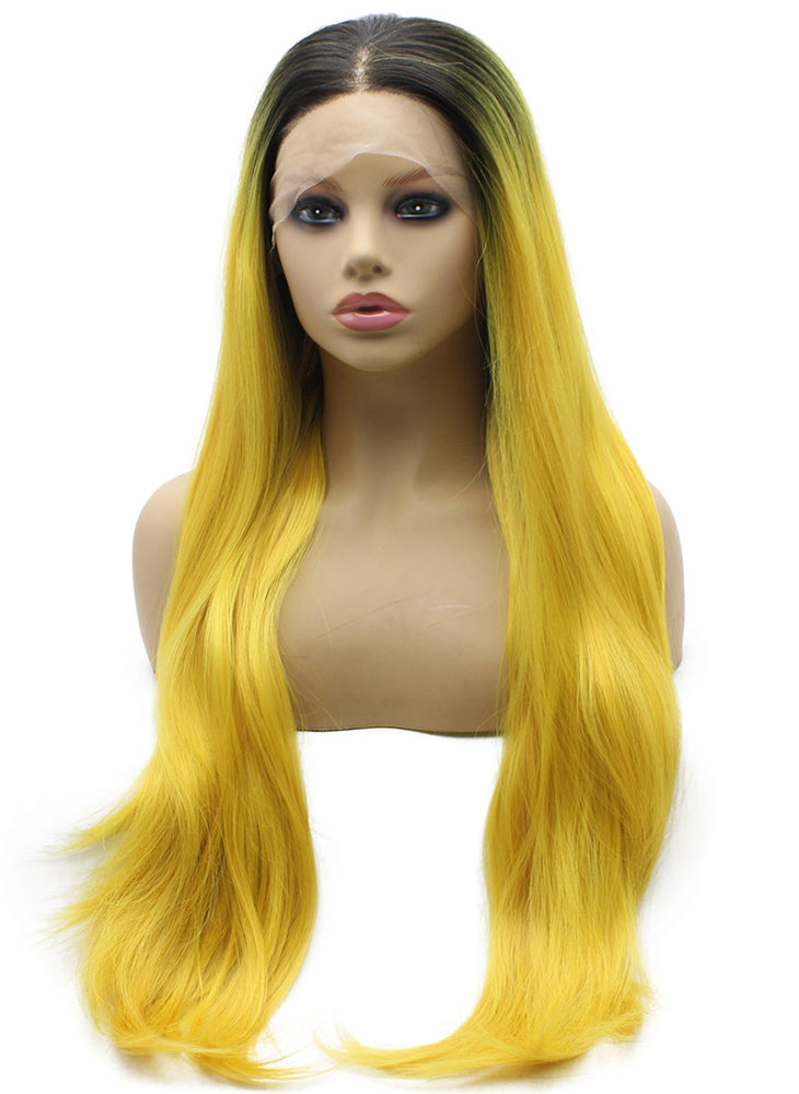 Long Straight Dark Root Synthetic Lace Front Yellow Wig MX Angel Wig