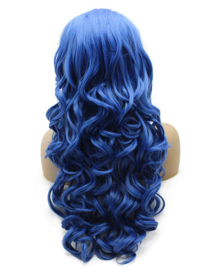 Long Wavy Blue Hand Tied Lace Front Synthetic Wig