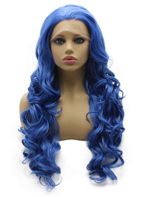 Long Wavy Blue Hand Tied Lace Front Synthetic Wig