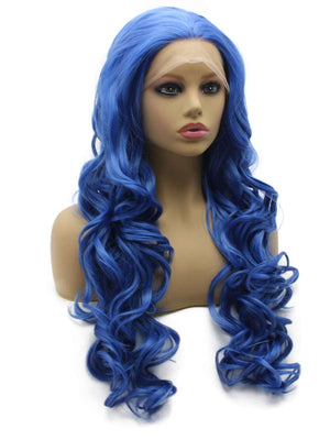 Long Wavy Blue Hand Tied Lace Front Synthetic Wig