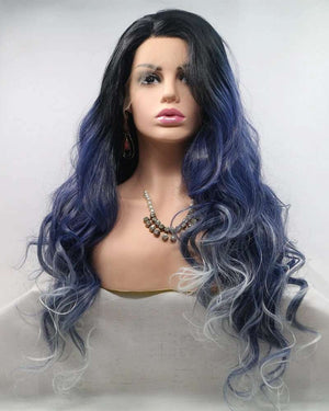 Long Wavy Lace Front Blue Wig with White Tip