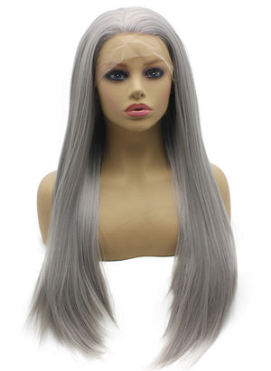 Long Straight Gray Lace Front Synthetic Hair Wig