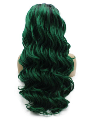 Long Wavy Green Hand Tied Lace Front Synthetic Wig