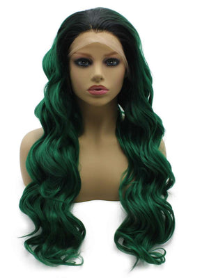 Long Wavy Green Hand Tied Lace Front Synthetic Wig