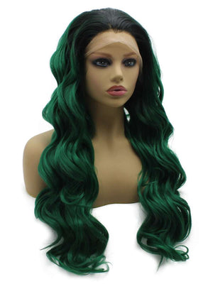 Long Wavy Green Hand Tied Lace Front Synthetic Wig