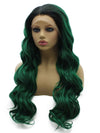 Long Wavy Green Hand Tied Lace Front Synthetic Wig