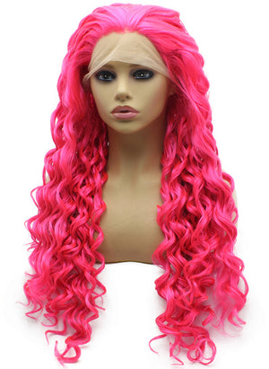 Long Curly Hot Pink Synthetic Lace Front Wig