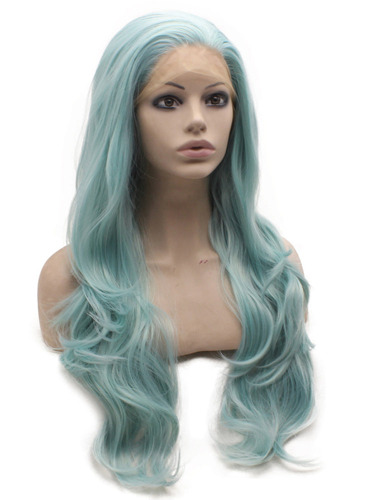 Long Wavy Synthetic Lace Front Light Blue Wig