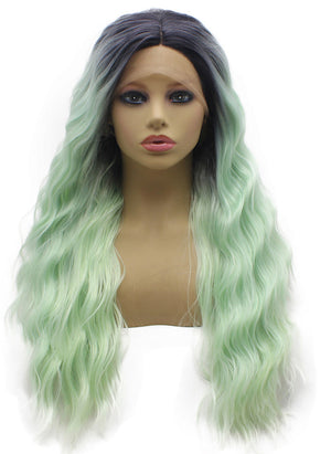 Dark Roots Loose Curly Synthetic Lace Front Ombre Ming Green Wig