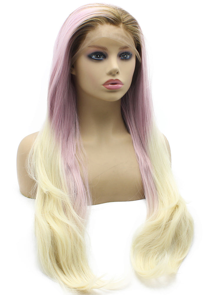 Long Wavy Synthetic Dark Root Purple Blonde Mixed Lace Front Wig