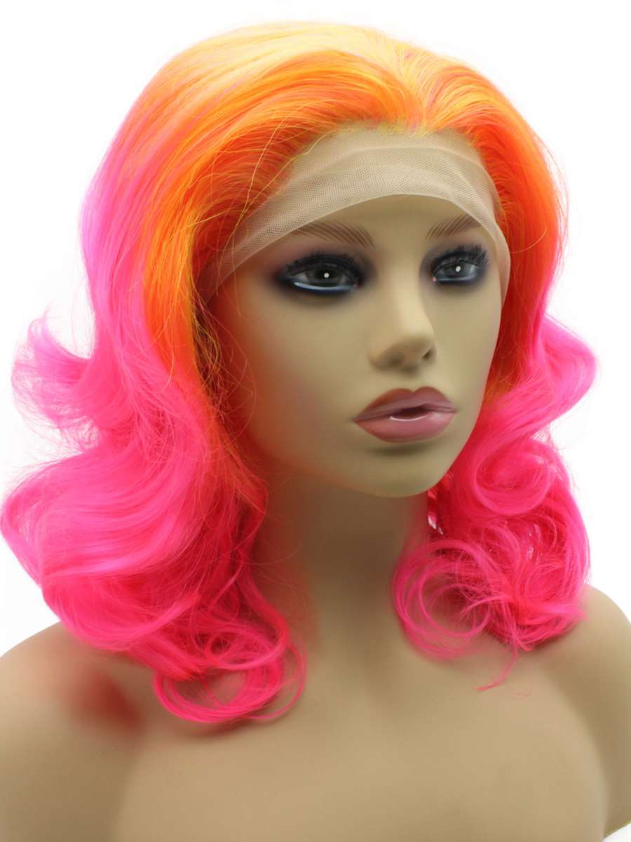 Orange Roots Pink Shoulder Length Wavy Wig