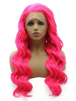 Long Wavy Pink Hand Tied Lace Front Synthetic Wig