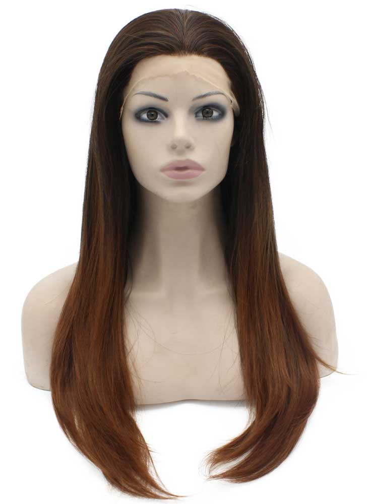 Long Straight Two Tone Ombre Brown Auburn Natural Lace Front Wig