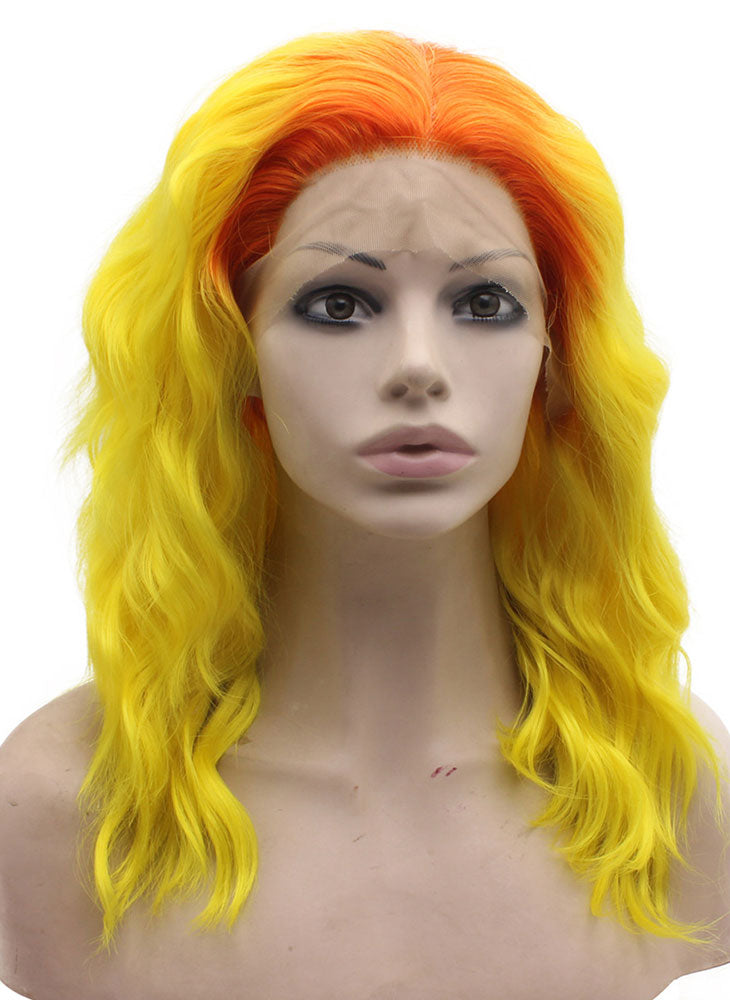 Red Yellow Ombre Medium Long Wavy Lace Front Wig