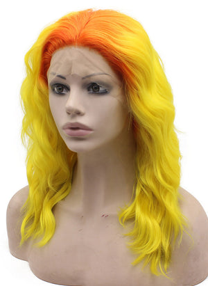 Red Yellow Ombre Medium Long Wavy Lace Front Wig