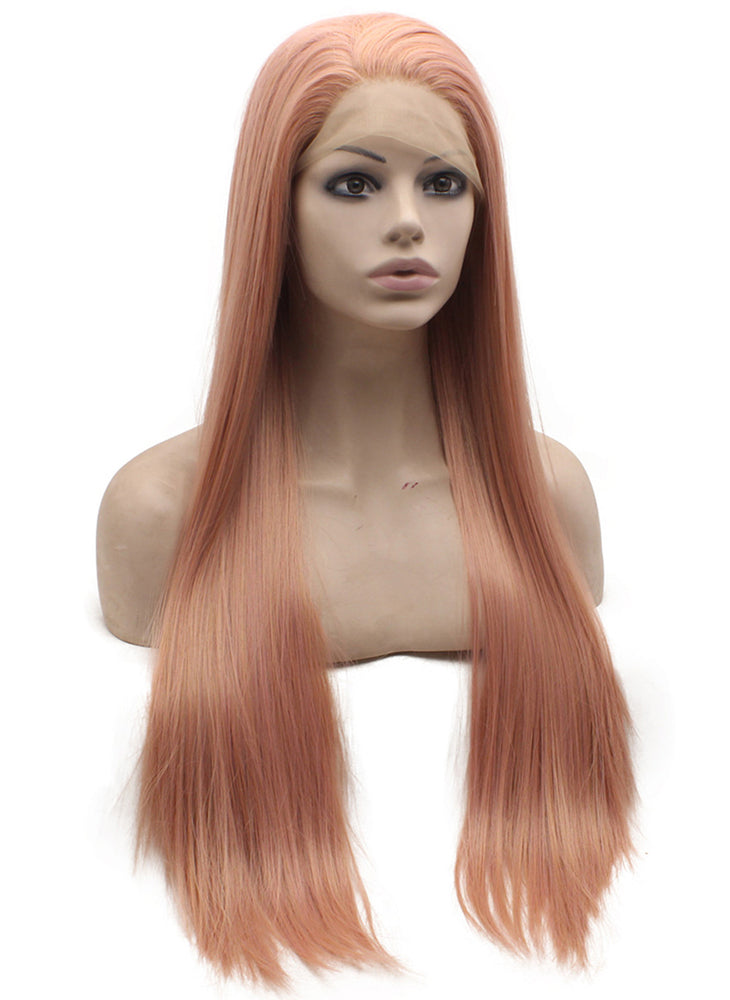 Long Straight Synthetic Lace Front Rose Pink Wig