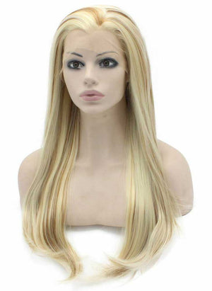 Long Straight Blonde Mix Hand Tied Synthetic Lace Front Wig Natural