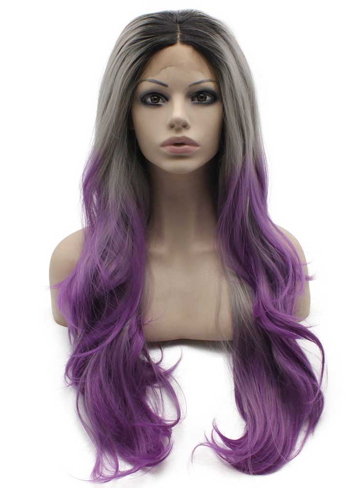 Long Wavy Grey Purple Ombre Heat Friendly Fiber Hair Lace Front Wig