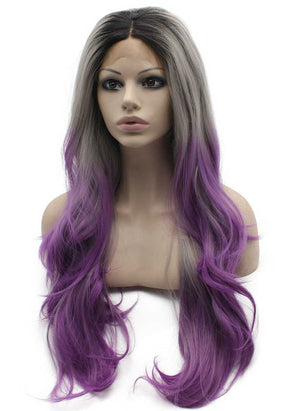 Long Wavy Grey Purple Ombre Heat Friendly Fiber Hair Lace Front Wig