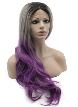 Long Wavy Grey Purple Ombre Heat Friendly Fiber Hair Lace Front Wig