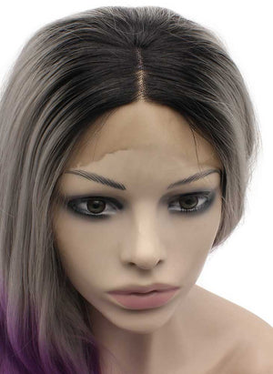 Long Wavy Grey Purple Ombre Heat Friendly Fiber Hair Lace Front Wig